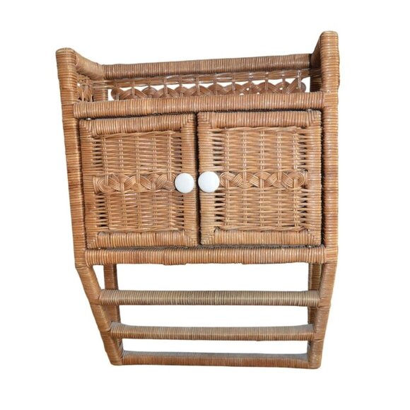 Vintage Wicker Rattan Coastal Bathroom Storage Cabinet Over The Toilet Towel Bar - Picture 1 of 7